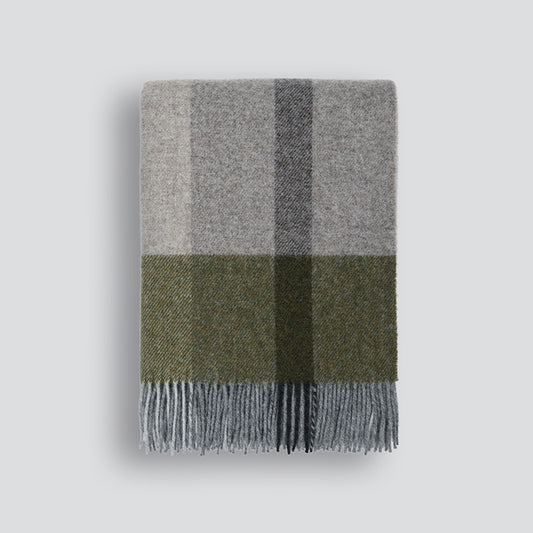 Plaid woolen throw rug to keep you warm and cosy in colours of olive, sky blue and bracken brown